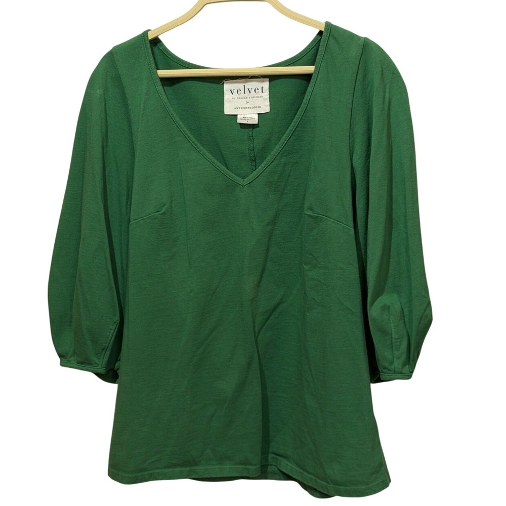 Green Puff Sleeve V Neck Cotton Jersey Top Velvet Anthropologie Small